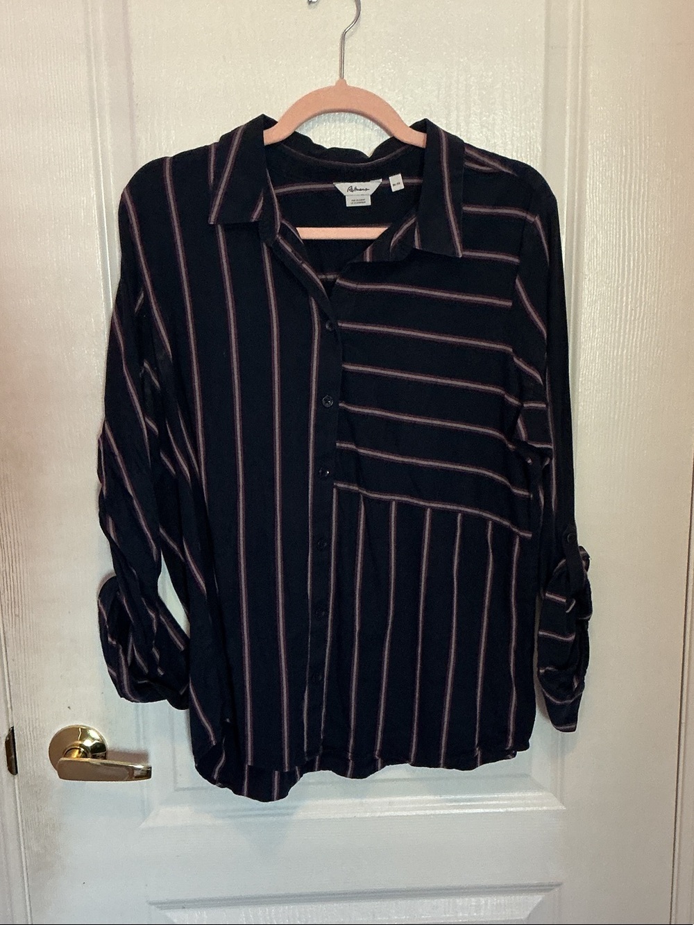 Reitmans Black Button-Down Blouse with Pink Stripes